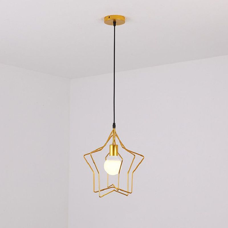 Star Cage Metal Pendant Light Antique 1-Light Dining Room Hangly Light Fixture in Gold