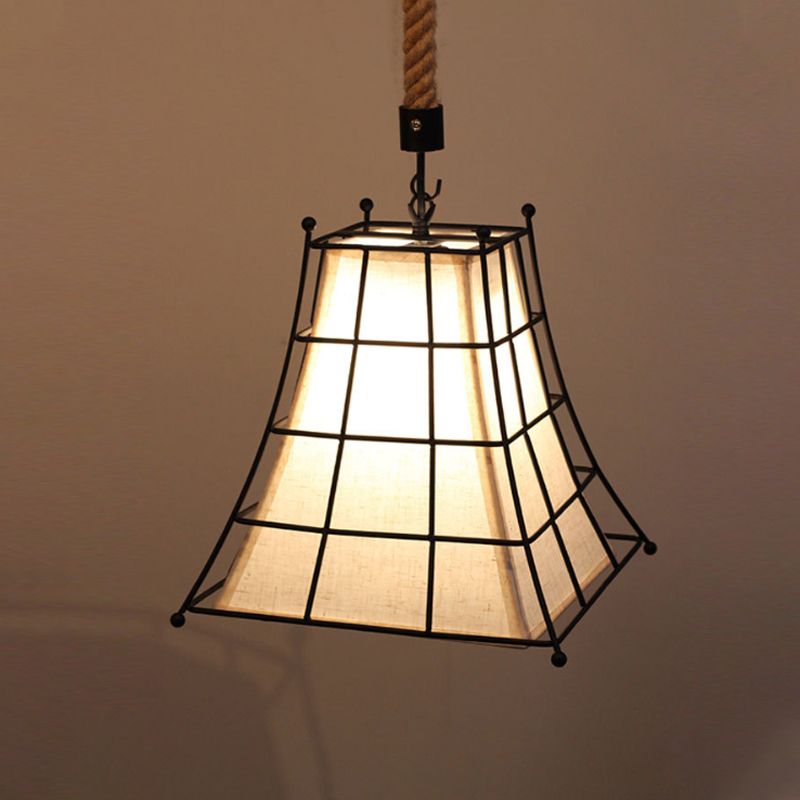 Wire Frame Flared Hanging Lamp with Fabric Shade 1 Light Rustic Suspension Light in Black