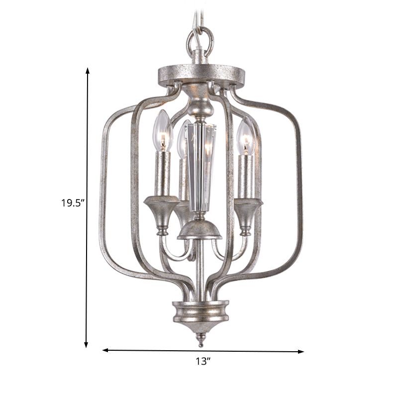 Traditional Candle Hanging Chandelier Metal 3 Bulbs Suspension Light in Aged Silver for Dining Room