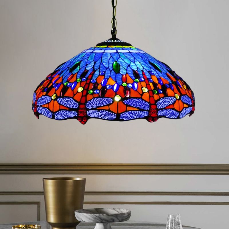 Tiffany Dragonfly Chandelier Lightture 3 lumières 3 LICTES ORANGE / BLEU / VERRE GREU