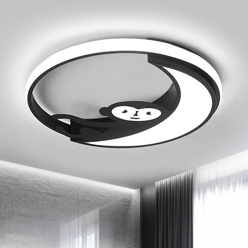 Black/White LED Monkey Flush Mount Lamp Cartoon Style Metal Close to Ceiling Lighting Fixture