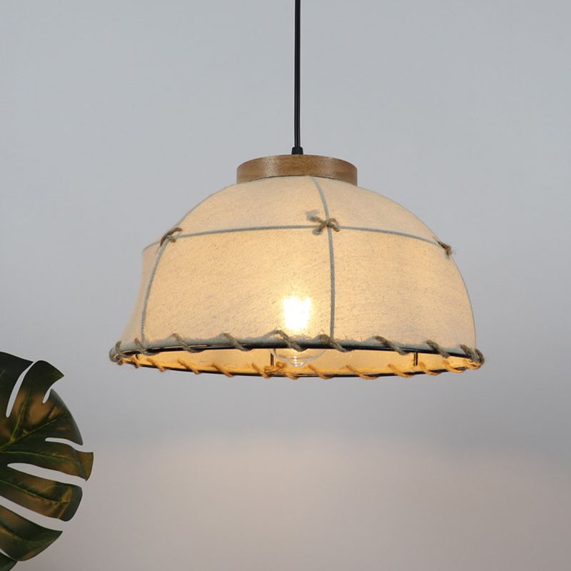 Fabric Beige Ceiling Suspension Lamp Bowl 1 Light Farm Style Pendant Light with Wooden Top, 14"/16"/18" Wide