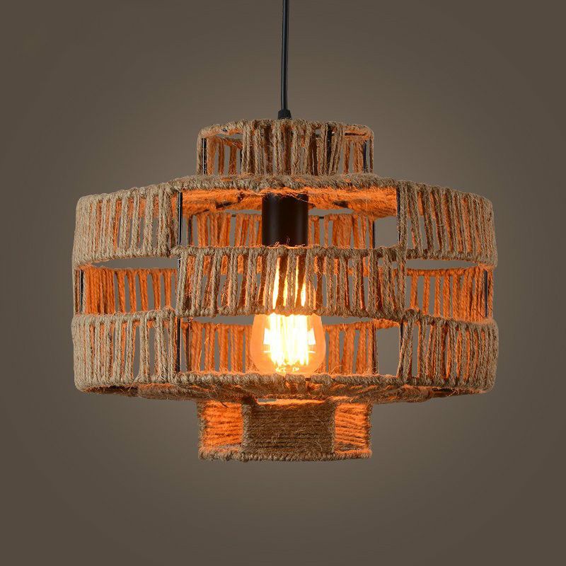 Industrial Lantern Ceiling Light Single Hemp Rope Hanging Pendant Lighting in Brown