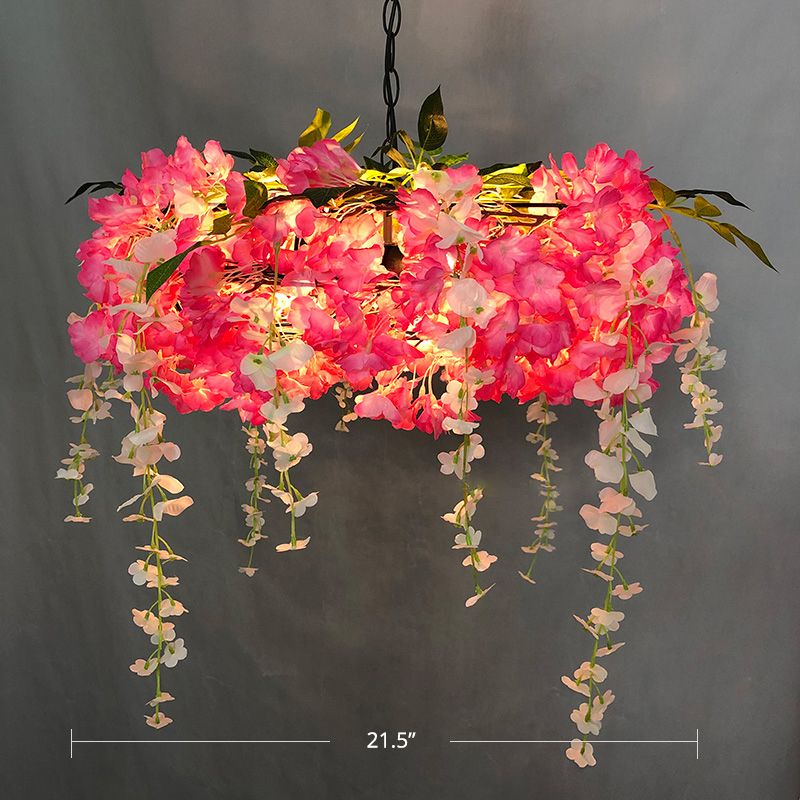 Lámpara colgante de jaula redonda de 3 luces Luz de araña de metal rural con flor artificial