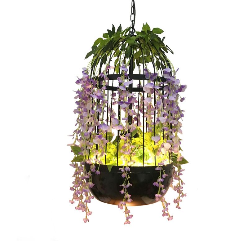 Birdcage Restaurant Pendant Ceiling Light Retro Metal 1 Head Black LED Drop Lamp with Flower Decor