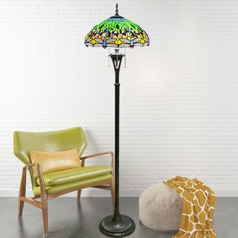 Stained Glass Dragonfly Reading Floor Lamp Baroque 3 Heads Yellow/Blue/Green Pull Chain Stand Up Light with Domed Shade