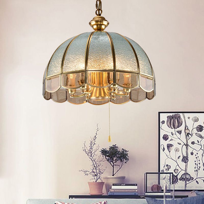 Hemisphere Study Room Chandelier Lighting Vintage Ripple Glass Gold Pendant Light with Pull Chain with Scalloped Edge