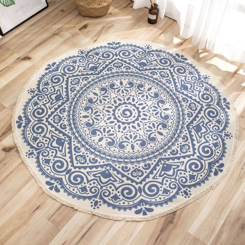 Traditional Moroccan Round Rug Shabby Chic Floral Printed Rug Cotton Blend Stain Resistant Carpet with Fringe for Bedroom