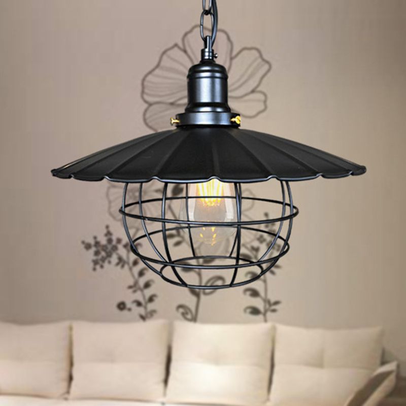 Black 1 Light Pendant Lighting Industrial Metal Scalloped Hanging Lamp for Indoor with Cage