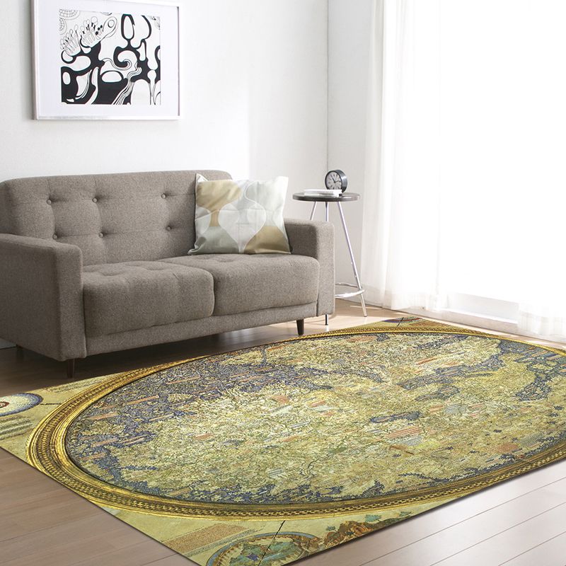 Brown Tone Map Rug Polyester Distressed Anti-Slip Backing Indoor Rug for Living Room