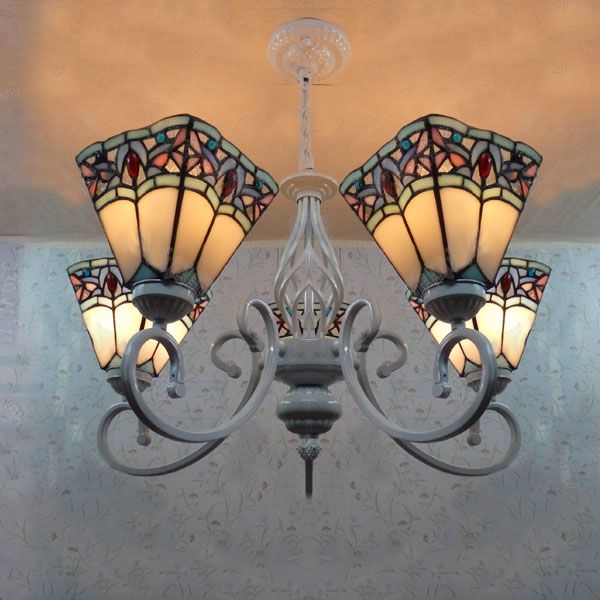 Pyramid Chandelier Lights Tiffany Stained Glass 5 Lights Hanging Ceiling Fixture in Blue and White