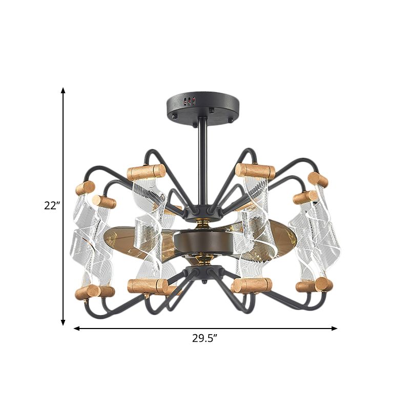 29.5" Width Acrylic Twisted Ceiling Fan Lamp Modern 8 Lights Black 3-Blade Semi Flush Light Fixture