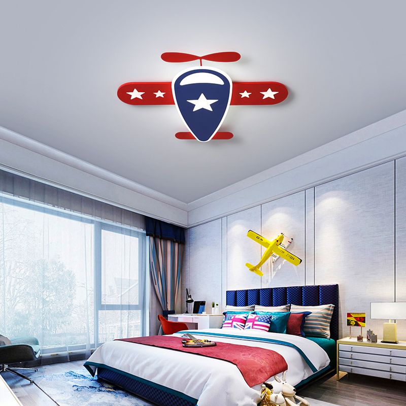 Airplane Ceiling Flush Light Fixture Cartoon Metal Boys Room LED Flush Mount in Red-Navy Blue