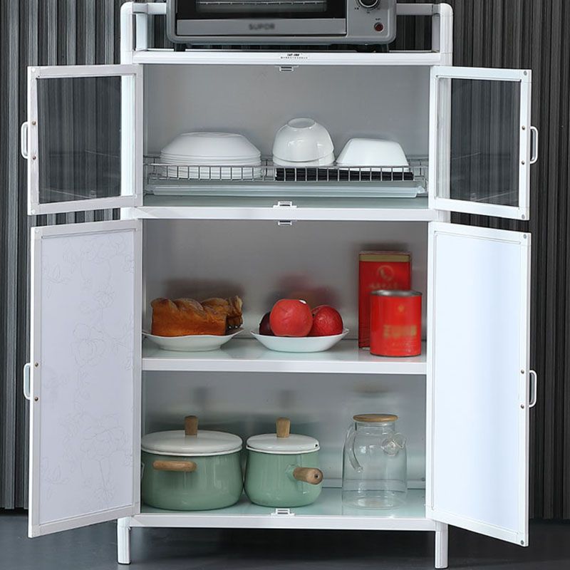 White Kitchen Buffet Stand Modern Metal Glass Doors Open Storage Buffet