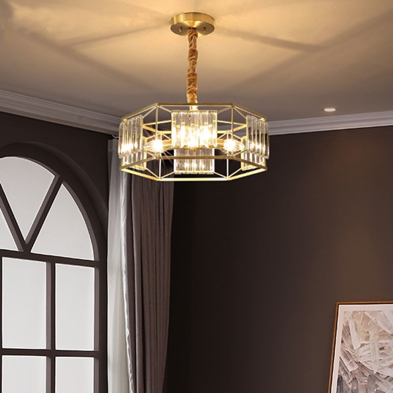 Hexagon Metal Frame Hanging Light Modern Crystal Block 3 Heads Gold Hanging Ceiling Light