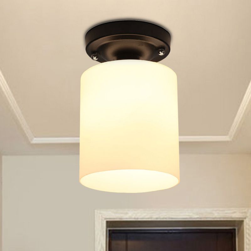 Black One Light Ceiling Mount Industrial Milky Glass Cylinder Semi Flush Light for Corridor