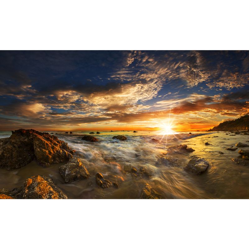 Sundown Seashore with Rock Mural Tropical Non-Woven Fabric Wall Art in Yellow-Blue