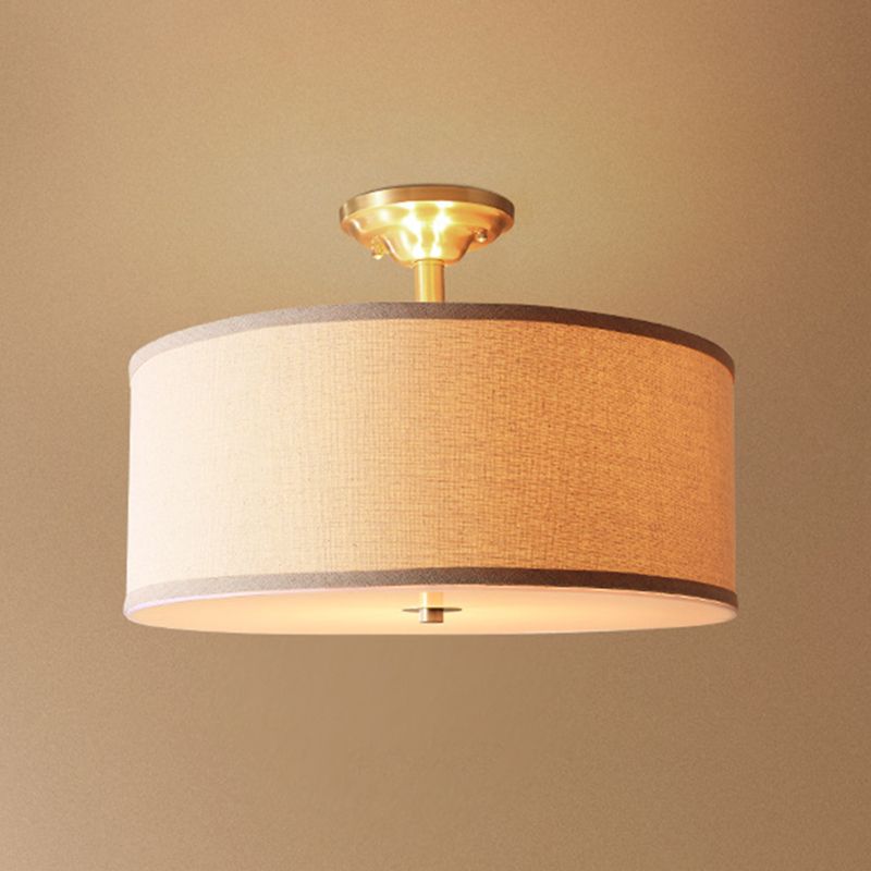 Fabric Cylinder Shape Flush Ceiling Light Modern Multi Lights Flush Light Fixture in Brass