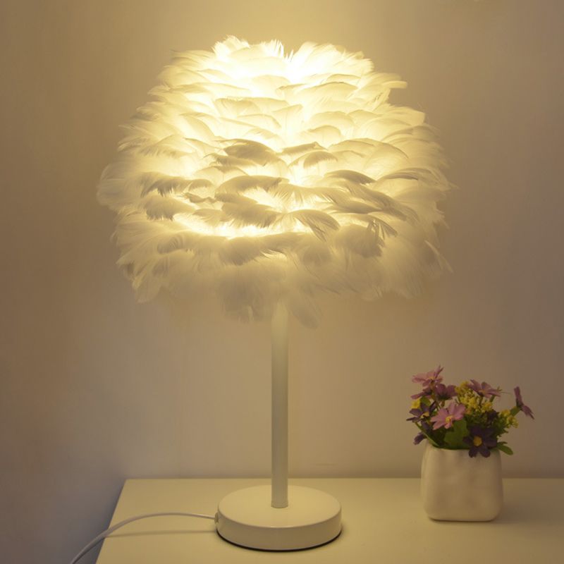 Goose Feather Dome Night Light Nordic 1 Bulb Grey/White/Pink Table Lamp with Tripod/Straight Stand in Black/White/Wood