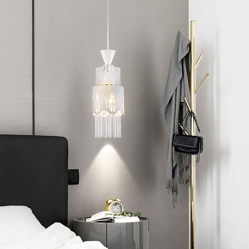 White Cylindrical Pendant Light Fixture Modern Style Metal Suspension Lamp