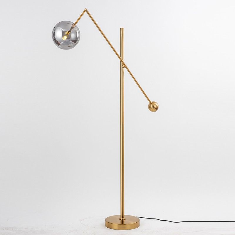 1-Bulb Living Room Floor Lamp Simple Gold Swing Arm Standing Light with Globe Smoke Grey Glass Shade