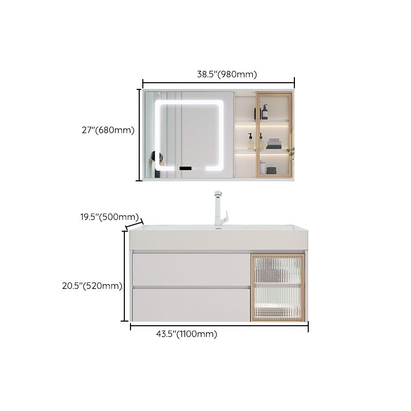 White Bathroom Vanity Mirror Rectangle Single Sink Wall Mount 2 Drawers Vanity with Door