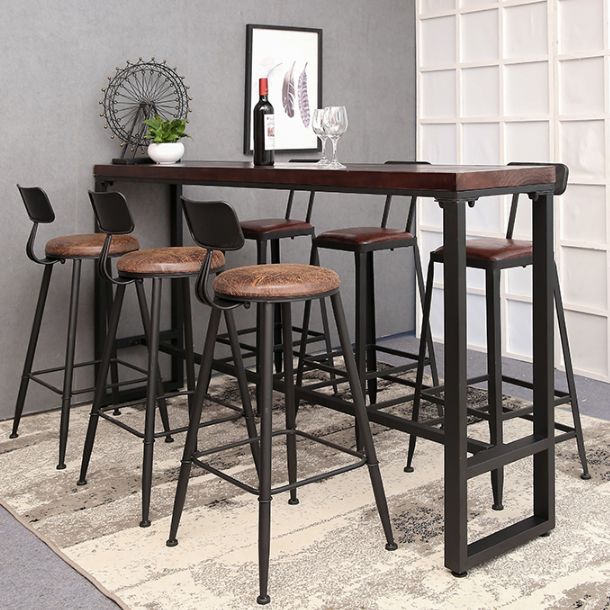 Pine Wood Bar Table Industrial Rectangle Bar Dining Table with Black Trestle Base