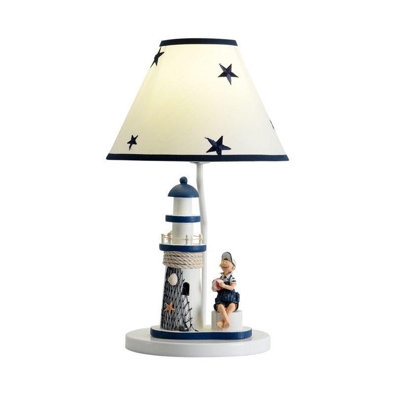 Boy/Girl and Lighthouse Table Light Cartoon Resin 1 Light White/Blue Night Stand Lamp with Tapered Shade