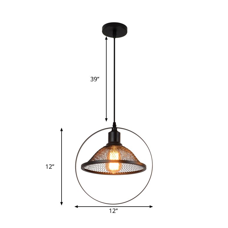 Black Bell/Barn/Cone Hanging Light Metal Wire Industrial 1 Bulb Indoor Suspension Light for Dining Table