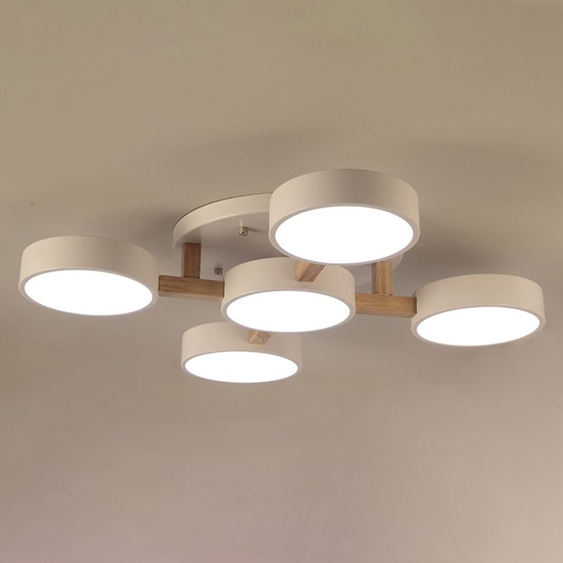 LED Nordic Creative Semi Flush Mount Ceiling Light Circle Shade Wooden Ceiling Mounted Light for Bedroom