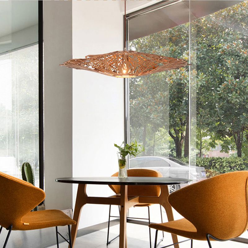 1 Head Dining Room Pendant Light Asia Beige Suspended Lighting Fixture with Laser Cut Wood Shade