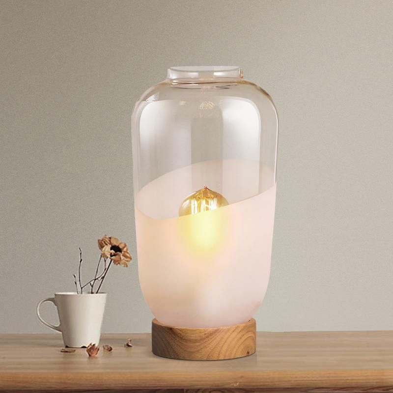 Jar Shaped Living Room Desk Light Clear and White Glass 1 Head Simple Nightstand Lamp with Wood Base