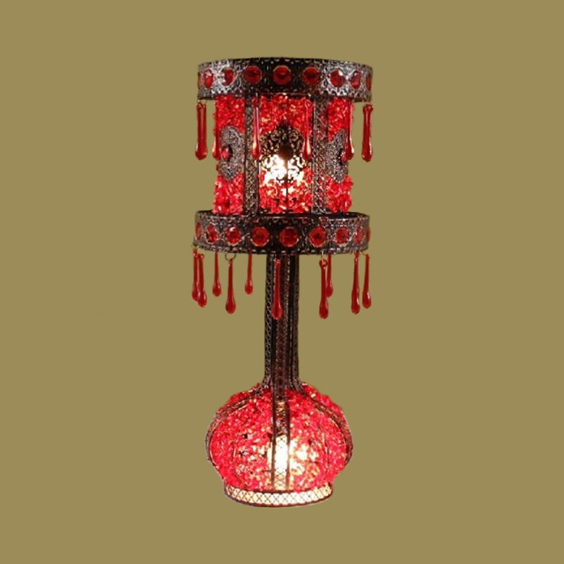 Red Cylinder Night Table Light Bohemian Metal 2 Bulbs Living Room Nightstand Lighting with Acrylic Decoration