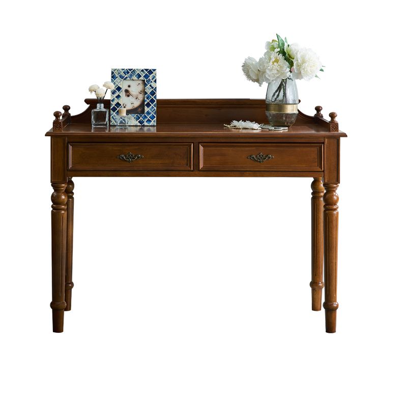 Traditional 2-Drawer Brown Solid Wood Dressing Table with Mirror Makeup Vanity Stool