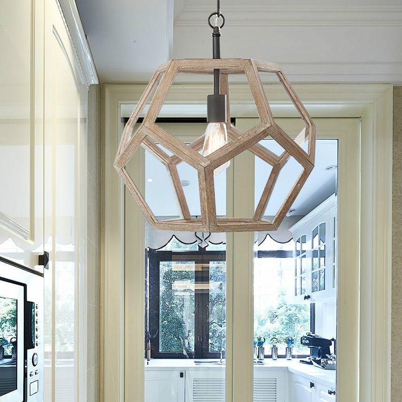 Polygon Beige Wood Pendant Light Fixture Farmhouse 1 Light Corridor Hanging Ceiling Light