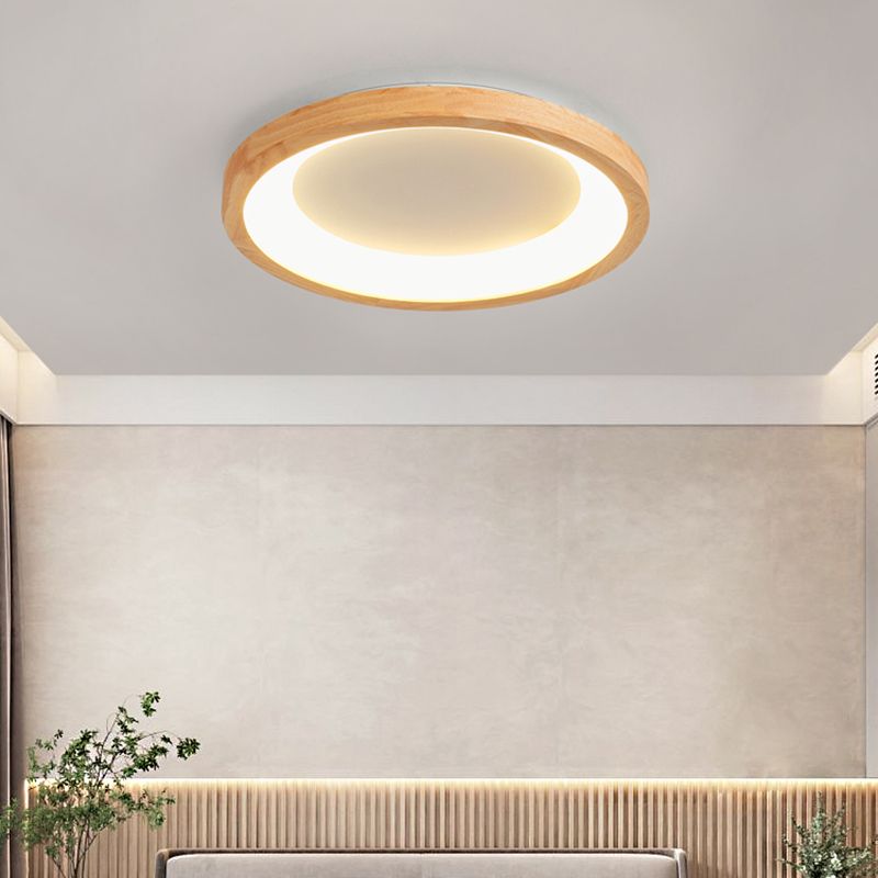 Round Shape LED Ceiling Lamp Modern Wood 1 Light Flush Mount for Bedroom