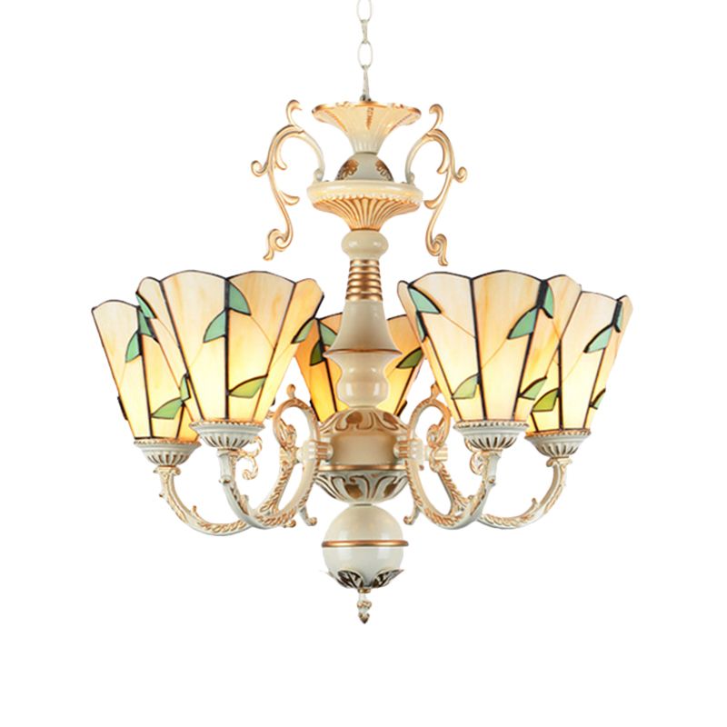 5 Lights Cone Ceiling Chandelier Stained Glass Tiffany Suspension Light with Leaf Pattern in Beige
