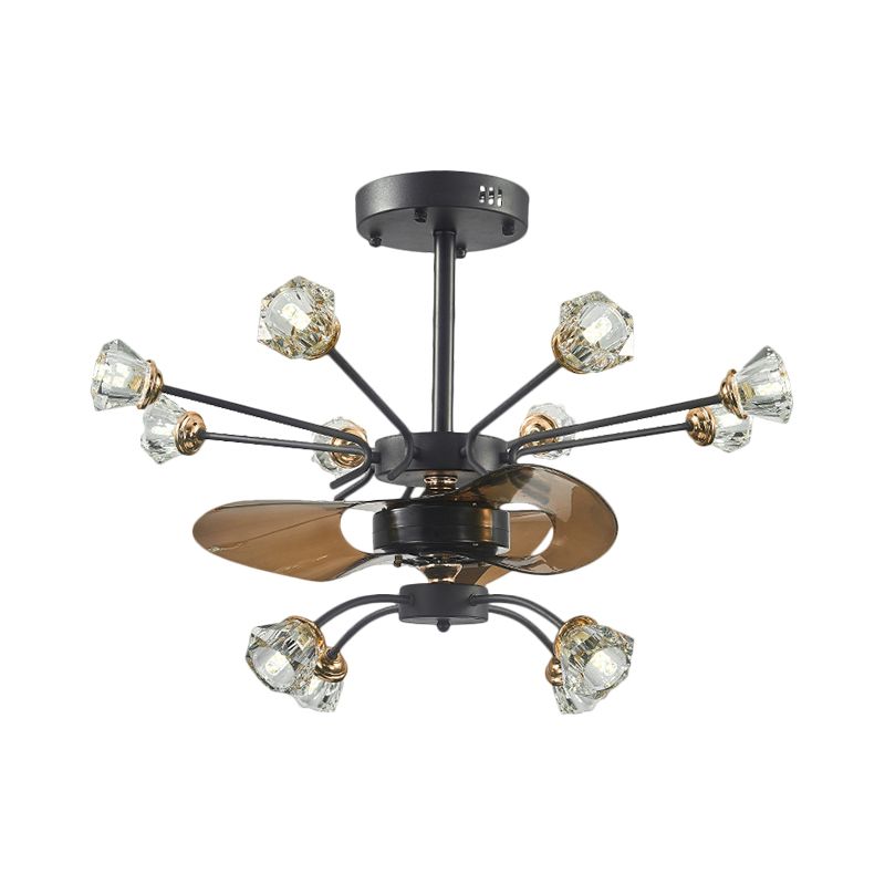 Traditionele wervelde armen semi-flush mount 12 koppen kristal bloemen schaduw 3 bladen hangende ventilatorlamp in zwart, 30 "breed