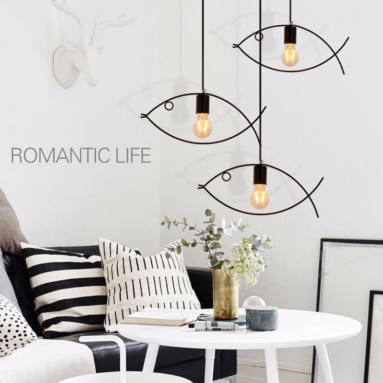 Fish Metal Pendant Lighting Fixture Loft-Style Dinning Room Hanging Ceiling Light in Black