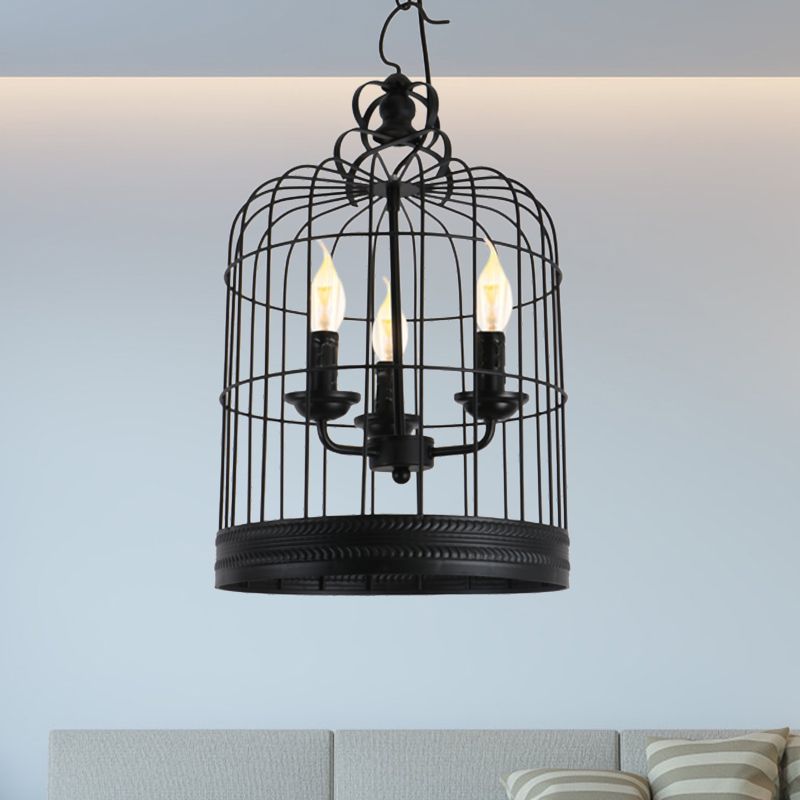 Black Birdcage Shade Pendant Light Antique Style Iron 3 Lights Restaurant Ceiling Light with Candle Design