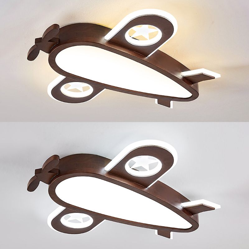 Airplane Flush Mount Light Wood Cartoon LED Ceiling Light for Children's Room