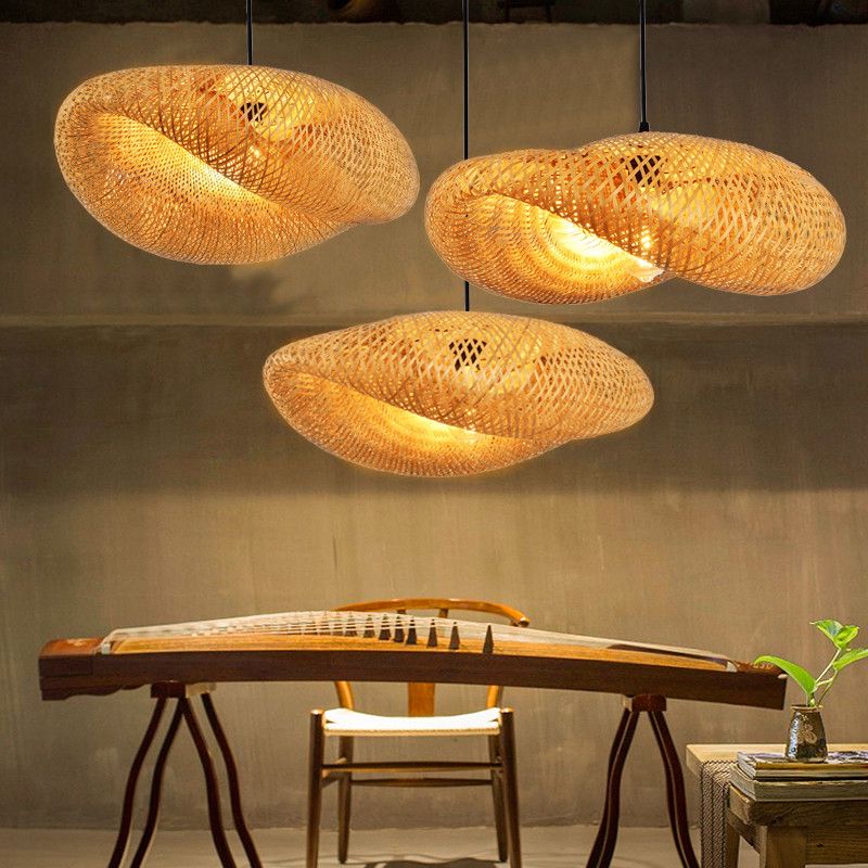 Bamboo Hat-Shaped Pendant Lighting Fixture Asia Style Ceiling Pendant Light in Beige