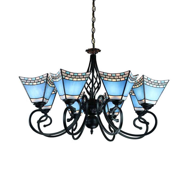 Nautical Blue Chandelier with Pyramid Shade Stained Glass Multi Glass Living Room Lighting