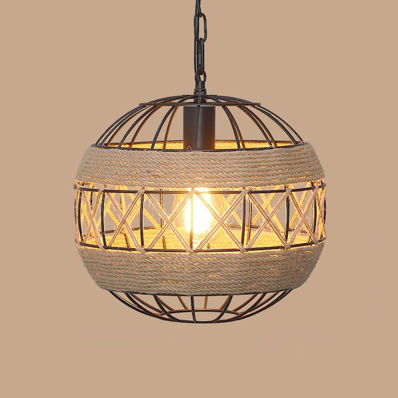 1 Bulb Hanging Light Rustic Style Wrapped Hemp Rope Pendant Light Fixture in Brown