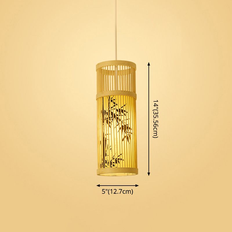 Chinoiserie Woven Hanging Light Fixture Bamboo Single Tea Room Ceiling Light with Print Lampshade