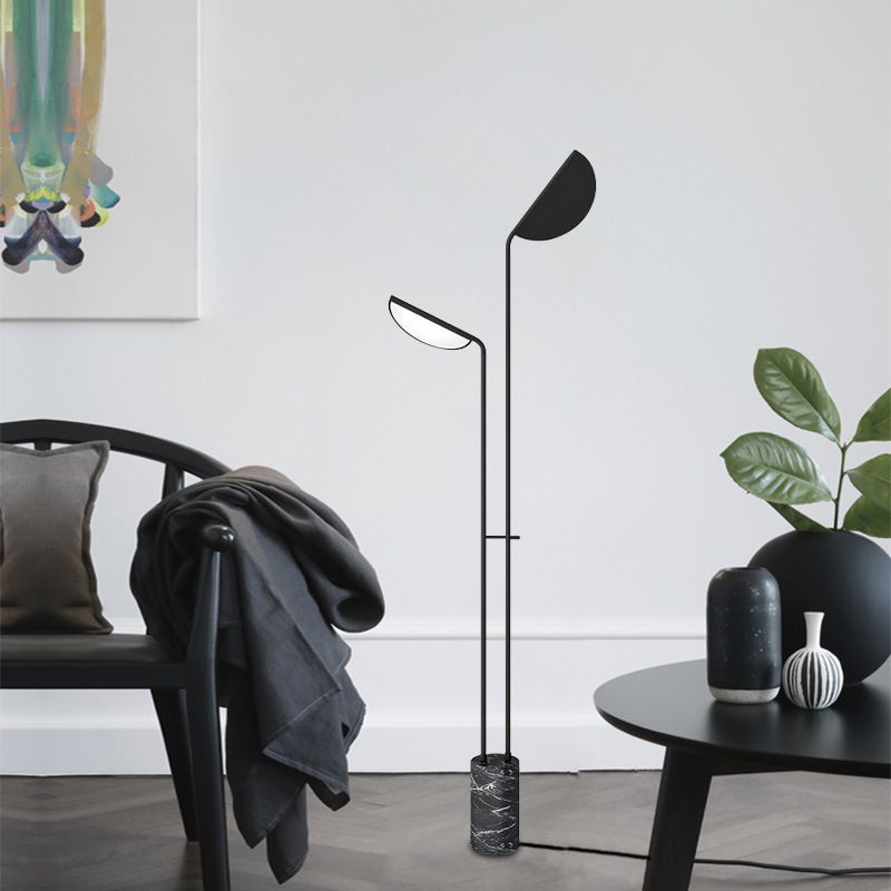 Bent Shade Metal Standing Floor Lamp Minimalist 2-Head Black Floor Light with Marble Base