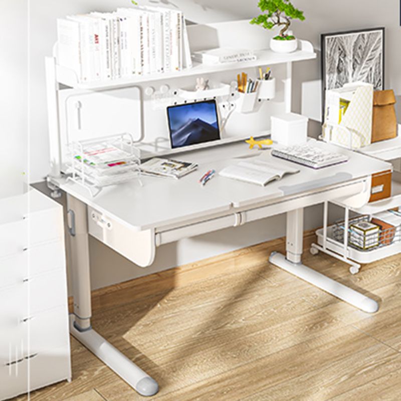 White Children's Desk with Storage Shelves Solid Wood Adjustable Student Table