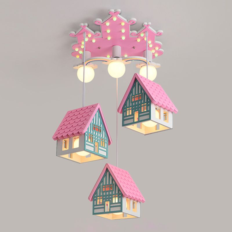 Wooden House Shaped Hanging Light Kids Style 6 Heads Multi Light Pendant for Child Room