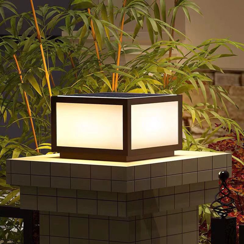 Metal Geometric Shape Outdoor Lights Modern Style 1 Light Solar Pillar Lamp in Black