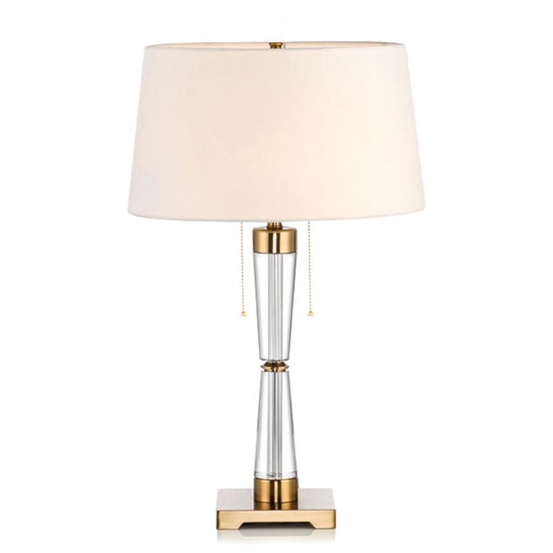 Modern Tapered Drum Table Lamp Fabric Single Bedside Nightstand Lighting with Hourglass Crystal Base in White